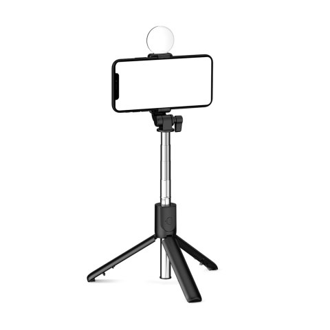 Selfie stick teleskopowy z pilotem + lamkpa LED stojak tripod na telefon 1m - czarny