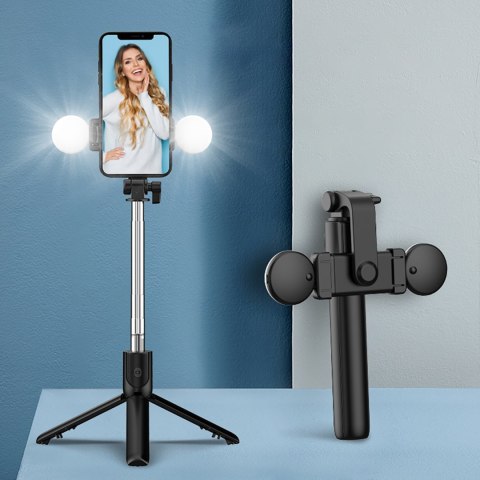 Selfie stick teleskopowy z pilotem + lampka LED stojak tripod na telefon 0.71m - czarny