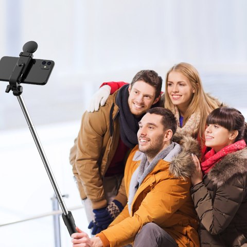 Selfie stick teleskopowy z pilotem + lampka LED stojak tripod na telefon 0.71m - czarny