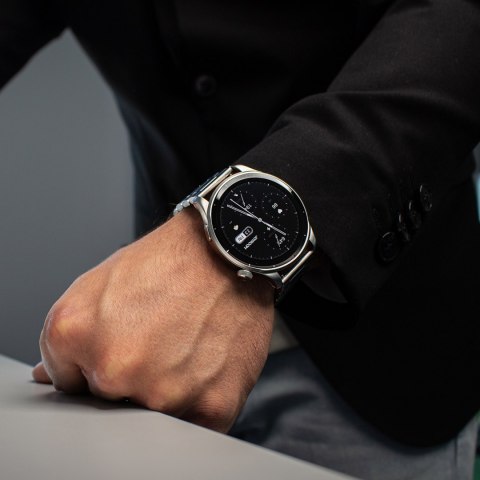 Smartwatch okrągły Venture Series z opcją odbierania połączeń + srebrna bransoleta - szary