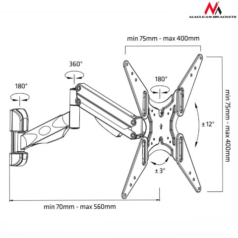 Uchwyt do TV Maclean, do telewizora lub monitora, gazowa sprężyna, 2 ramiona, regulacja wysokości 25cm, 32"-55", 22kg, Czarny, M